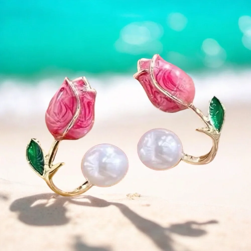 Stunning One Pair of Gold‎ Plated Elegant Pink Rose White Bead Ear Stud Earrings